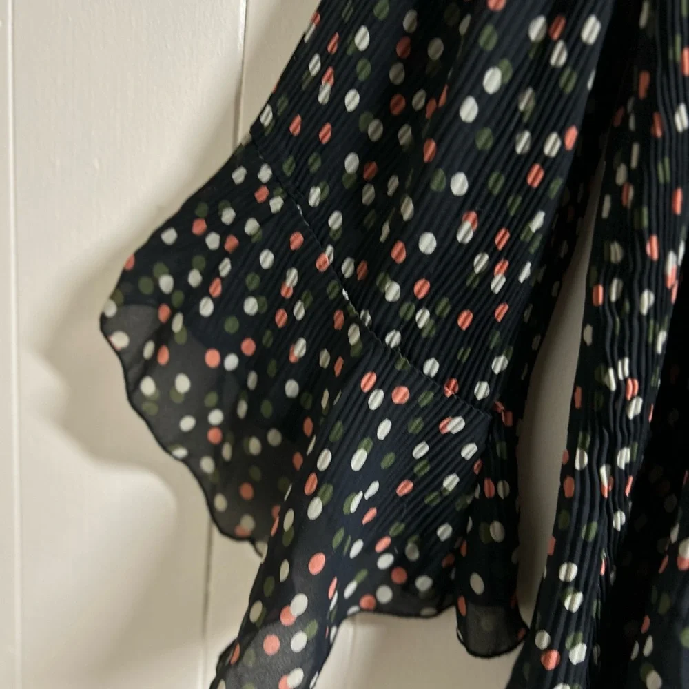 ASOS Womens Pleated Polka Dot 18/20W Blouse Black Sheer Bell Sleeve Flowy Top - Picture 10 of 13